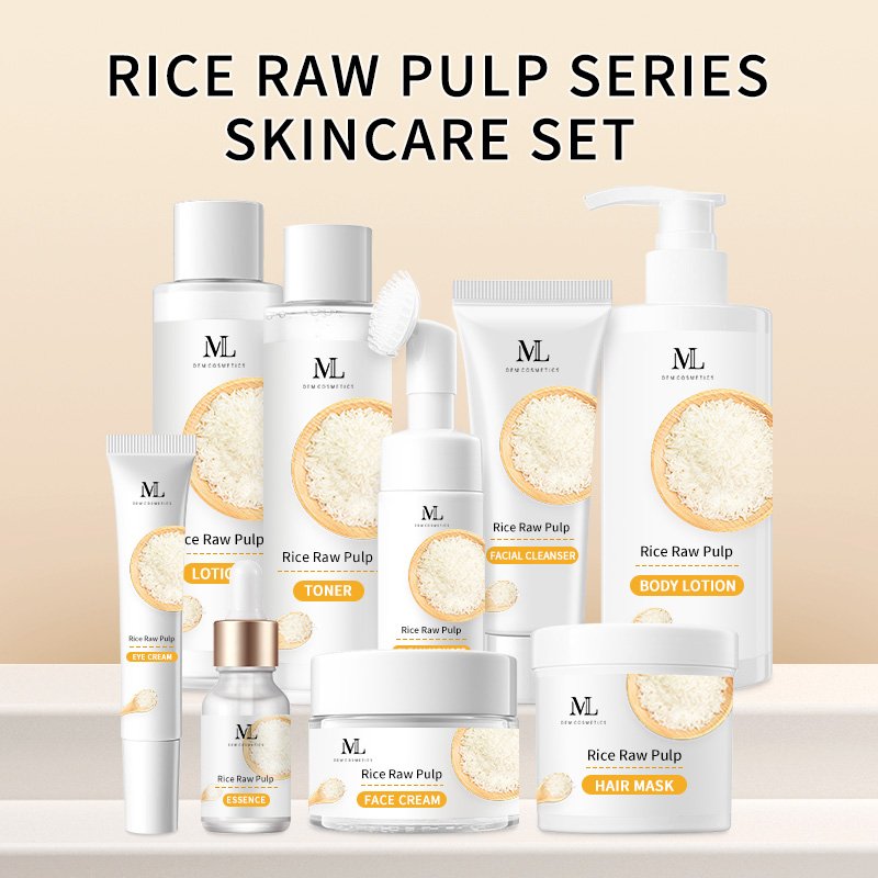Private label MLXL customize cosmetic Rice Raw pulp skincare set moisturizing Whitening Brightening natural organic skincare set