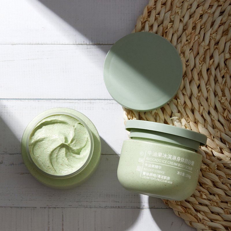 Custom own logo natural skin care 100% organic shea butter bodyscrub exfoliate wholesale ice cream fruit avocado body scrub