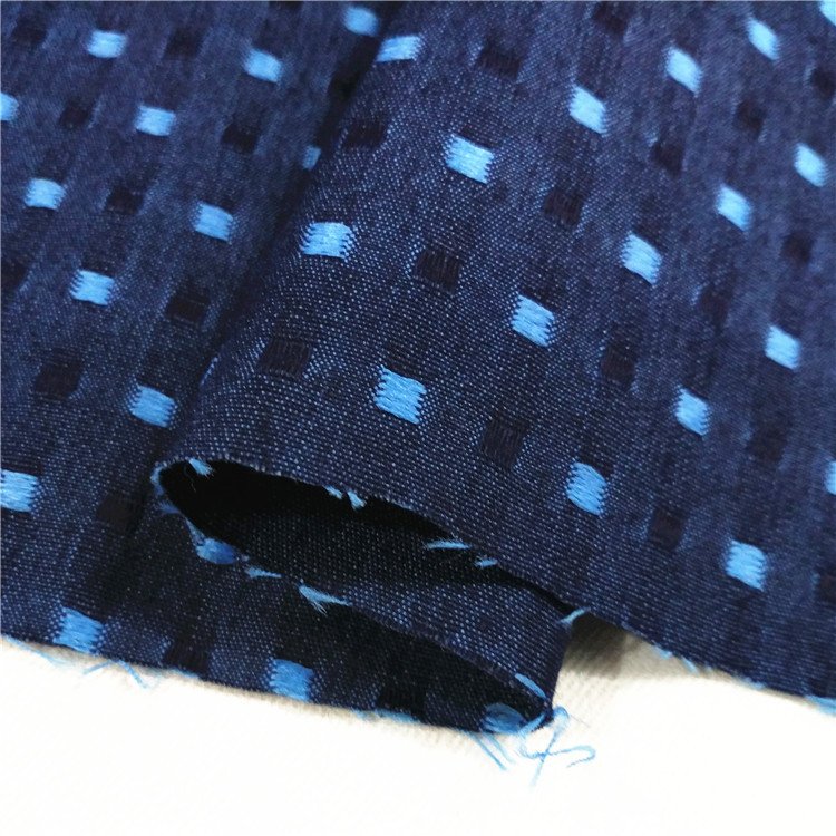 Stock Lot light weight, Dark Indigo Mercerizing Jacquard Dobby Washed Ring Spun Cotton Polyester Denim Jeans Fabric for shirt/