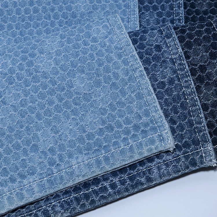 Stock Lot light weight, Dark Indigo Mercerizing Jacquard Dobby Washed Ring Spun Cotton Polyester Denim Jeans Fabric for shirt/