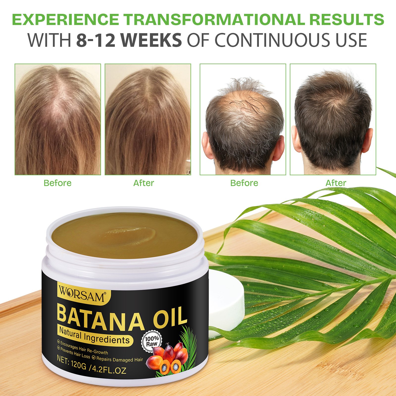 WORSAM Organic Cold Pressed Hair Growth Oil Butter Moisturizing Smoothing Unrefined Raw Batana Oil Set for Men and Women