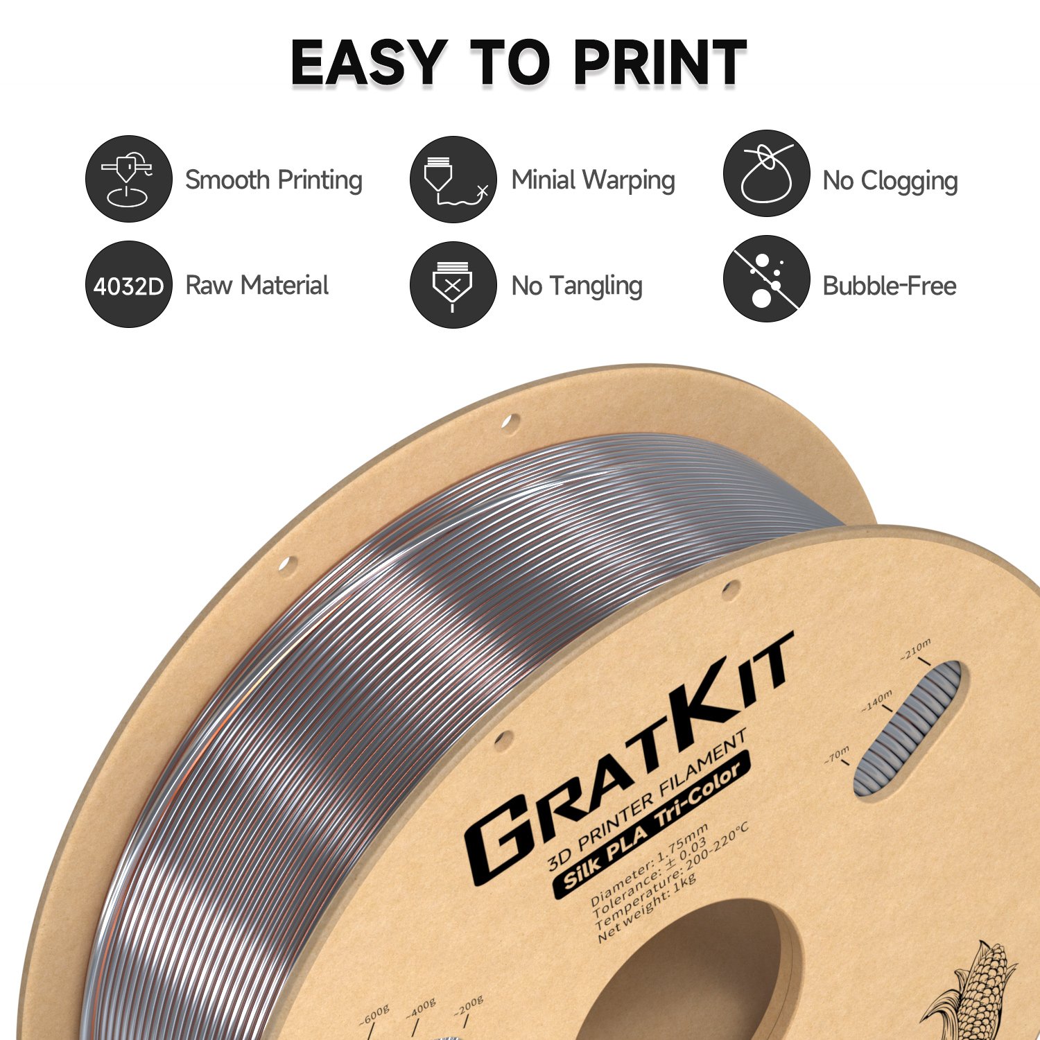 Gratkit Wholesale Custom Color PLA Silk/PLA/ABS/TPU/PETG/Wood/HIPS/Nylon/PC/Carbon Fiber 3D Printer 3D Printing Filament