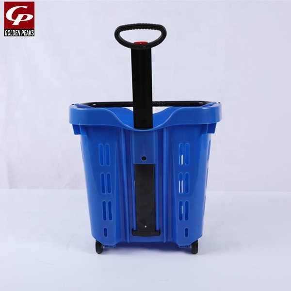 Large Capacity Luxury Two Wheels Rod Hand Plastic Shopping Basket Wholesale For Supermarket 04