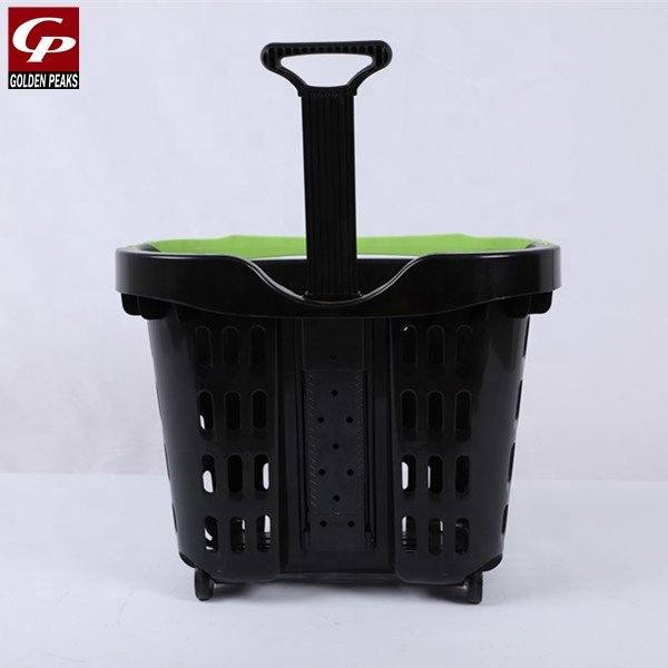 Large Capacity Luxury Two Wheels Rod Hand Plastic Shopping Basket Wholesale For Supermarket 04