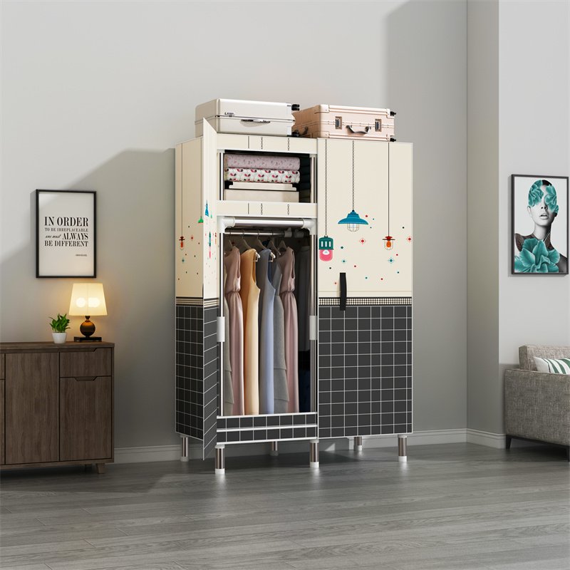 2 Doors Portable Wardrobe Closet Manufacturer DIY 25mm Thickness Steel Pipe KT Board Closet Stand