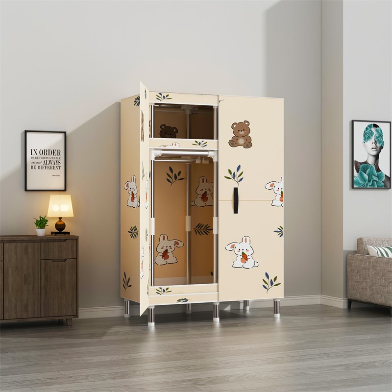 2 Doors Portable Wardrobe Closet Manufacturer DIY 25mm Thickness Steel Pipe KT Board Closet Stand