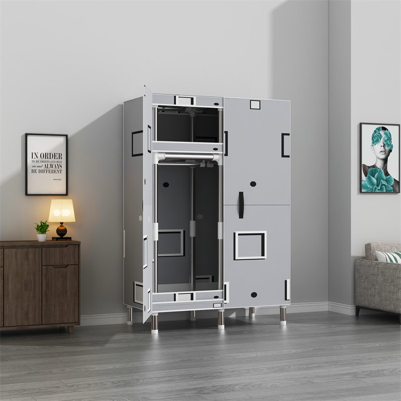 2 Doors Portable Wardrobe Closet Manufacturer DIY 25mm Thickness Steel Pipe KT Board Closet Stand