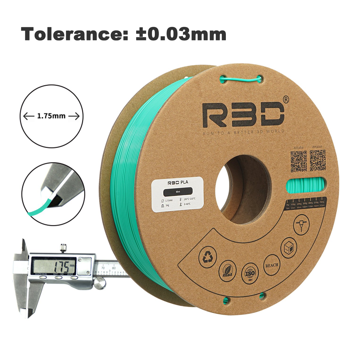 R3D Filament PLA Light Mint 1.75mm 1KG Cardboard spool