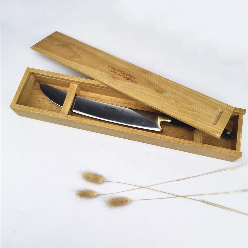 Custom rubber wood rectangle wooden knife box packaging chef knife box magnet wooden storage box