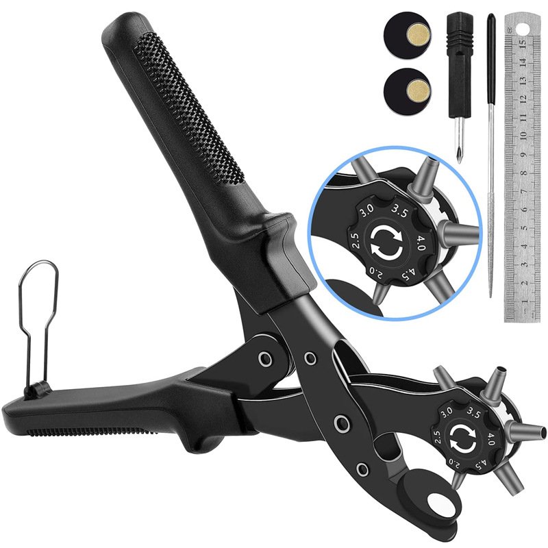 Hole Punch Plier Set, Revolving Punch Hole Tool Kit with Punch Plier, Ruler, Grinding Rod, Plastic Hammer