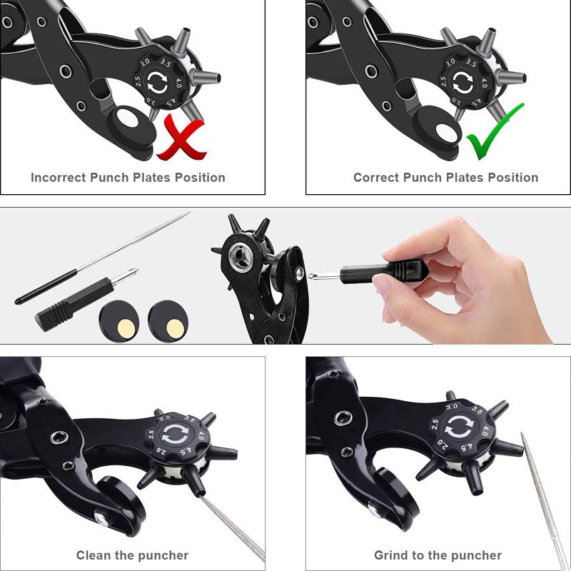 Hole Punch Plier Set, Revolving Punch Hole Tool Kit with Punch Plier, Ruler, Grinding Rod, Plastic Hammer