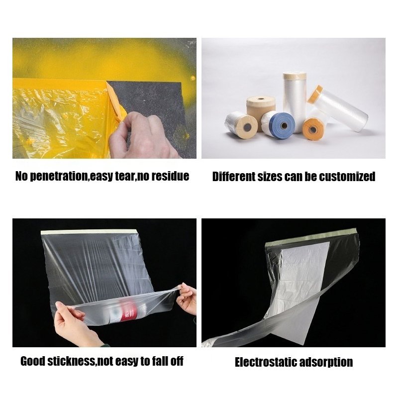 Pre-Taped Masking Film Plastic Automotive Auto Painting Pre Taped Masking Film Roll With Tape For Car Painting