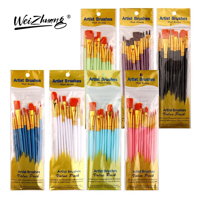 Children's 10-Count Nylon Watercolor Brush Set Blue Plastic Rod Flat-Head Acrylic Gouache Outline Pen Oil Painting Pen