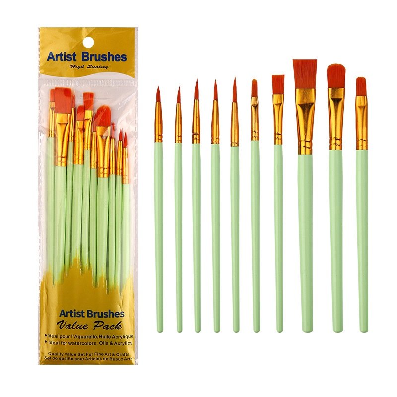 Children's 10-Count Nylon Watercolor Brush Set Blue Plastic Rod Flat-Head Acrylic Gouache Outline Pen Oil Painting Pen