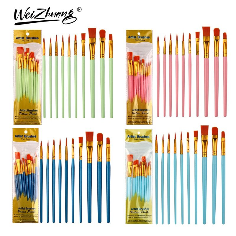Children's 10-Count Nylon Watercolor Brush Set Blue Plastic Rod Flat-Head Acrylic Gouache Outline Pen Oil Painting Pen