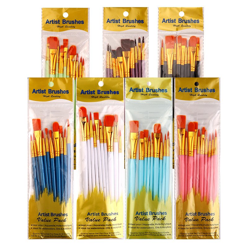 Children's 10-Count Nylon Watercolor Brush Set Blue Plastic Rod Flat-Head Acrylic Gouache Outline Pen Oil Painting Pen