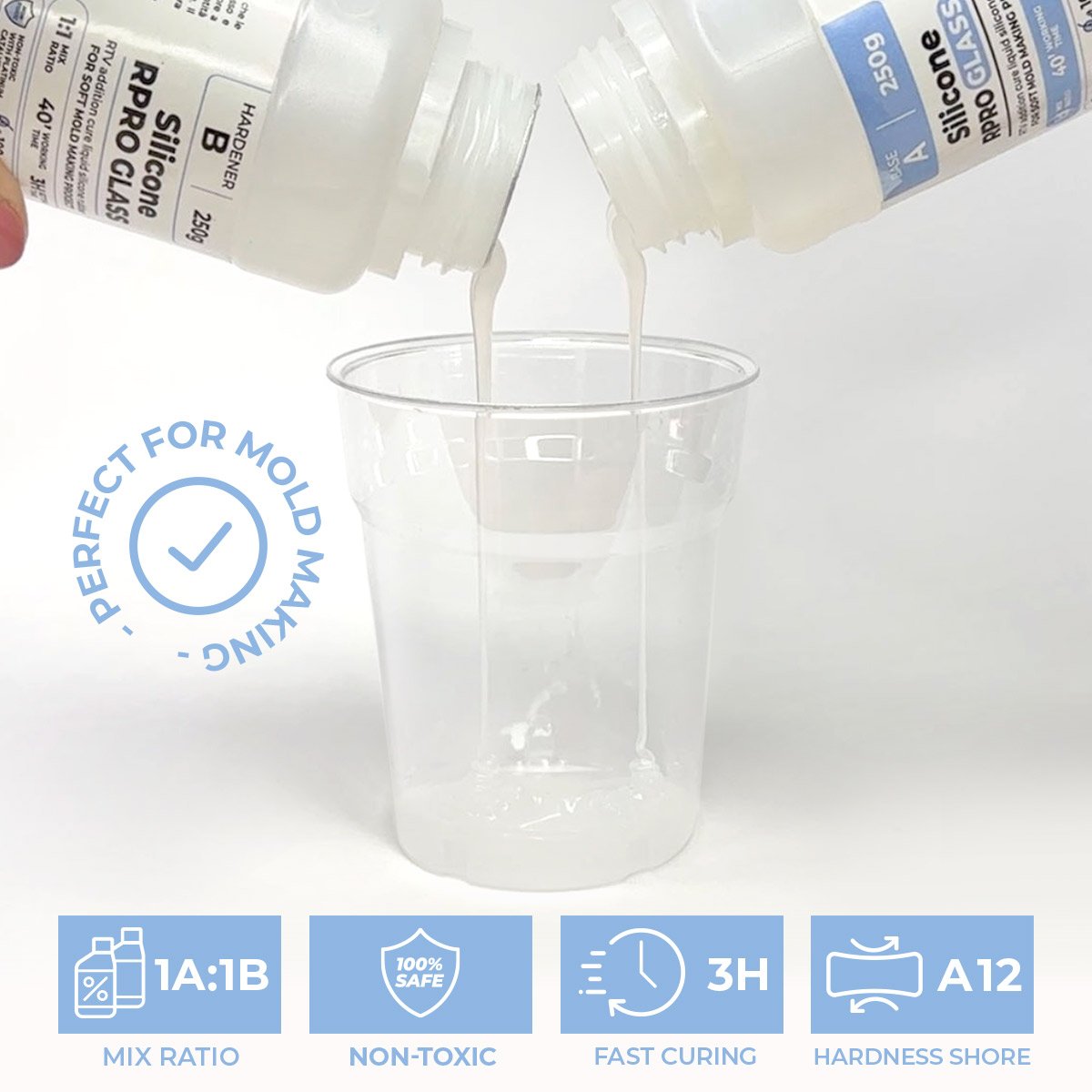 R PRO GLASS 1:1 Silicone rubber transparent for medium hardness moulds, platinum catalyst compatible with resin and concrete