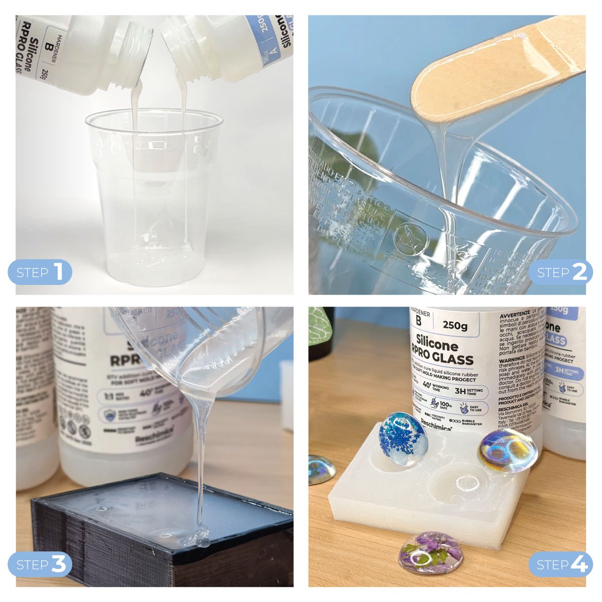 R PRO GLASS 1:1 Silicone rubber transparent for medium hardness moulds, platinum catalyst compatible with resin and concrete