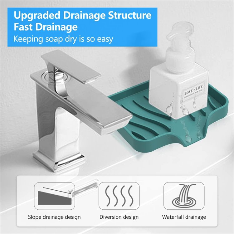 New Self Draining Silicone Soap Holder Tray Easy Clean Waterfall Soap Draining for Bathroom Shower Home Counter Mat Kitchen Sink