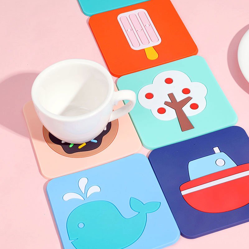 Embossed logo print animal patterns washable durable square non-slip coffee drink table cup mat soft pvc coaster