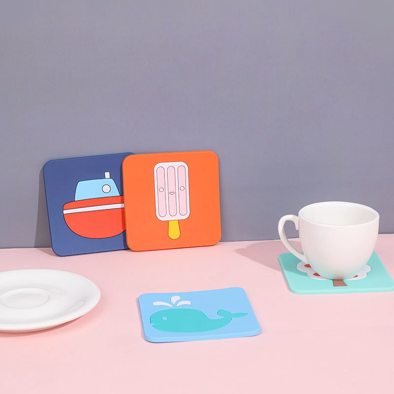 Embossed logo print animal patterns washable durable square non-slip coffee drink table cup mat soft pvc coaster
