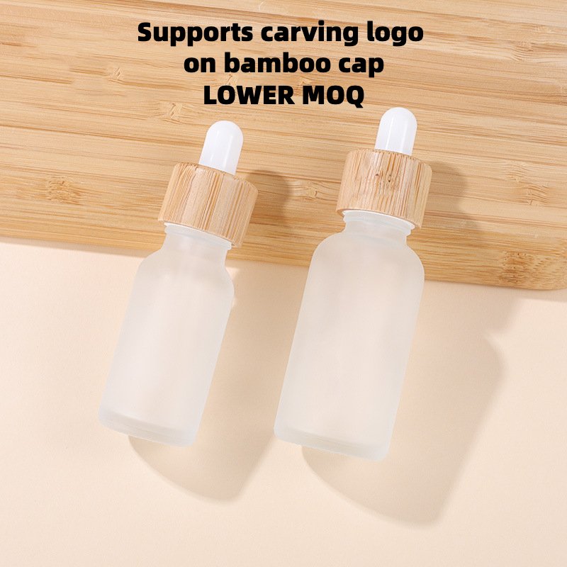 custom logo real bamboo cap white frosted glass oil bamboo dropper bottle serum bottle