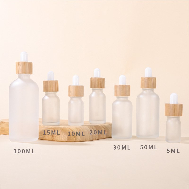 custom logo real bamboo cap white frosted glass oil bamboo dropper bottle serum bottle