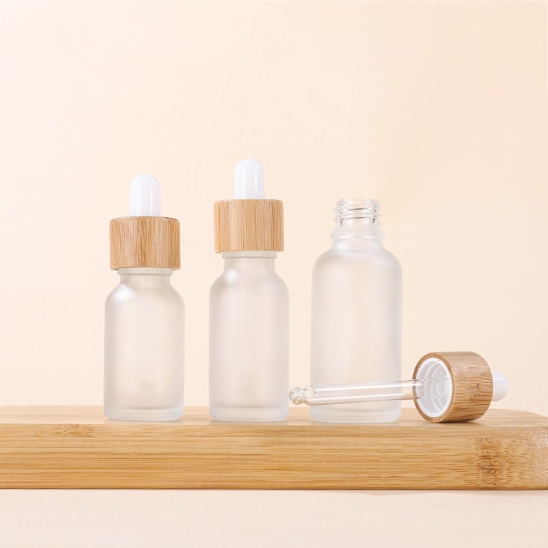 custom logo real bamboo cap white frosted glass oil bamboo dropper bottle serum bottle