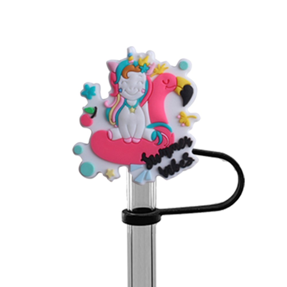 Wholesale 10mm Silicone Drinking Straw Topper Unicorn Custom PVC Decoration Colorful Straw Topper Cover Kawaii Club Accessories