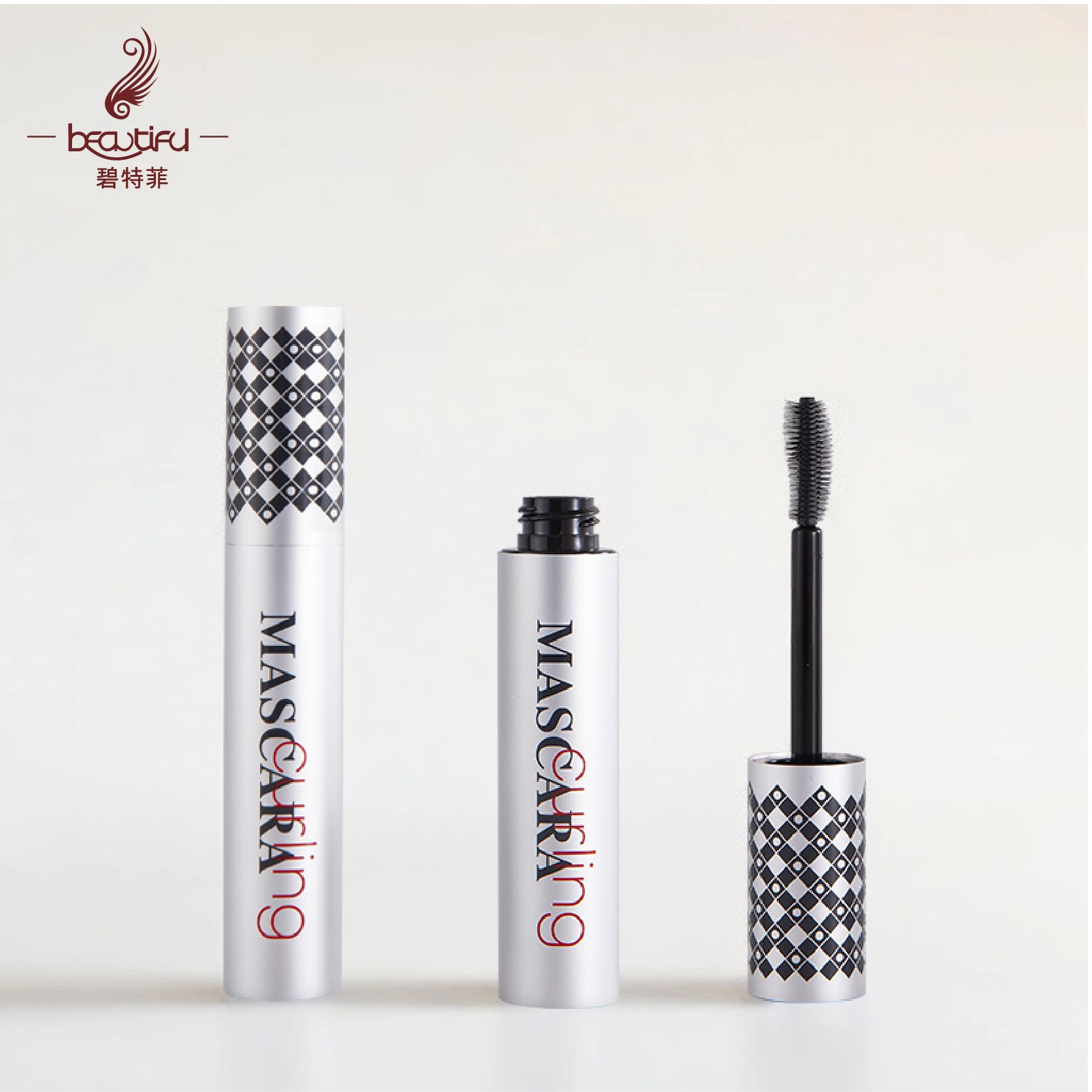 OEM custom thick rod mascara empty tube brush silicone aluminum matte silver jumbo 12ml empty mascara tube with curved brush