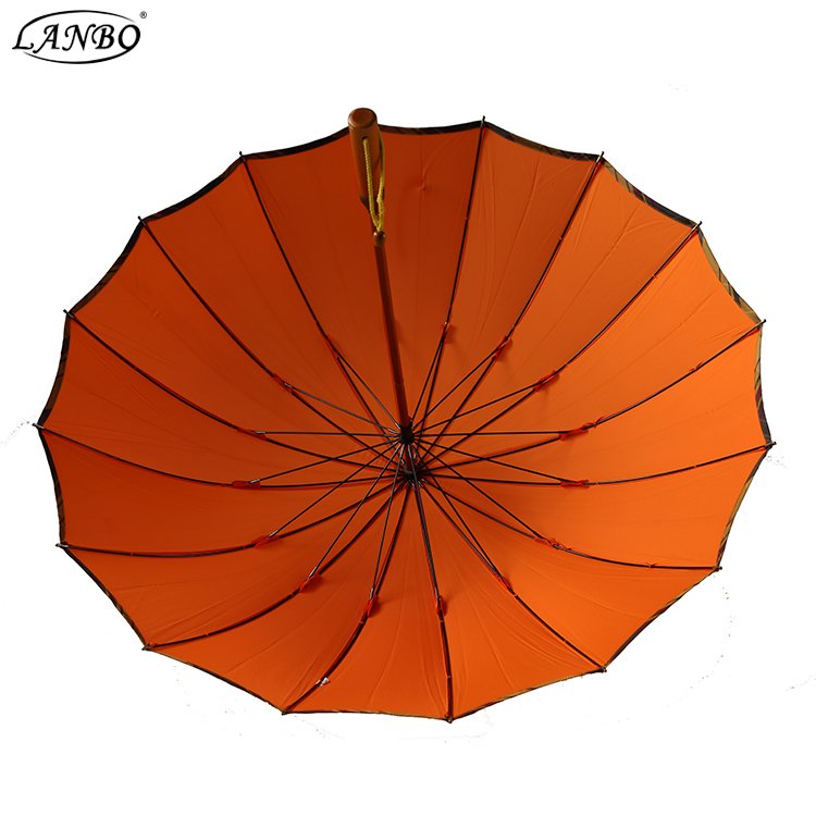 High Quality 16 ribs wooden handle strong windproof rain/sun umbrella