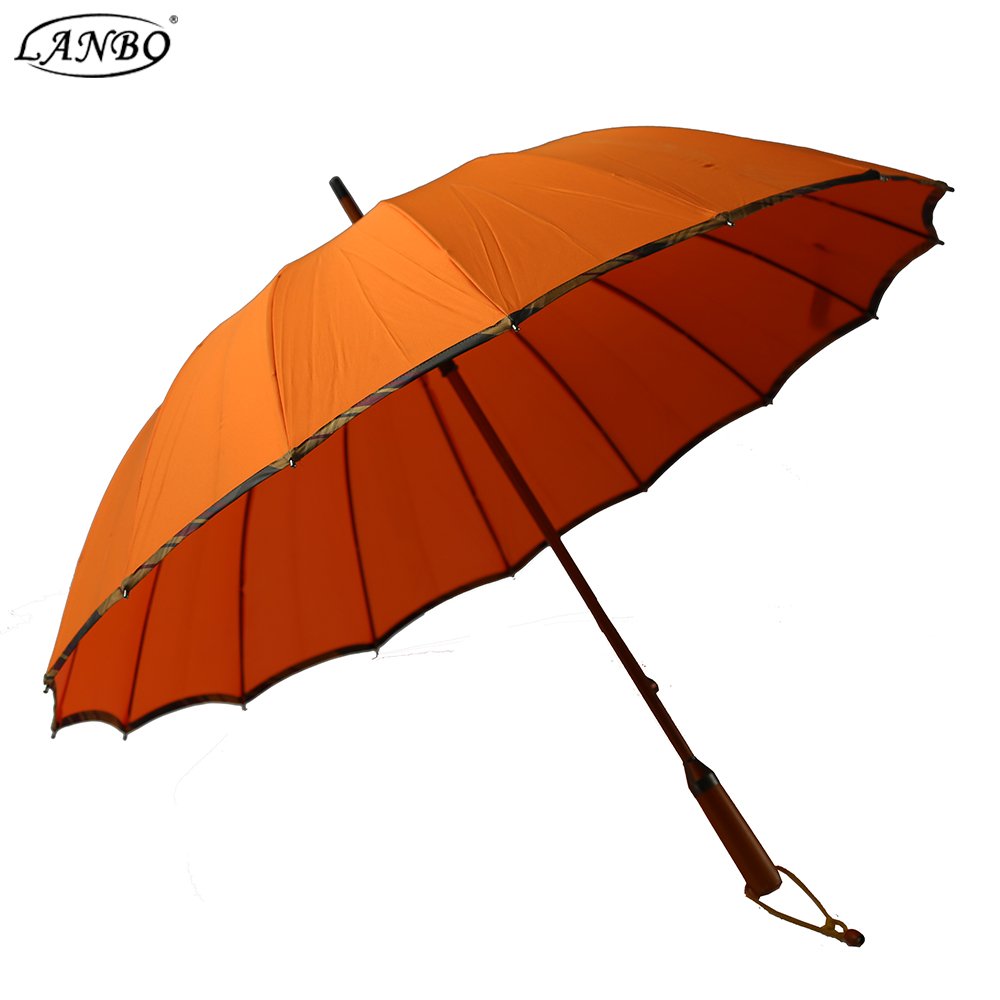 High Quality 16 ribs wooden handle strong windproof rain/sun umbrella