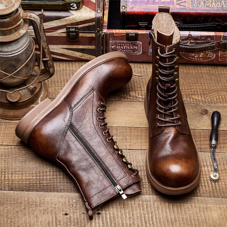 New Product Men's Fashion Design Brown Boots With Side Zip Rubber Men Leather Boots