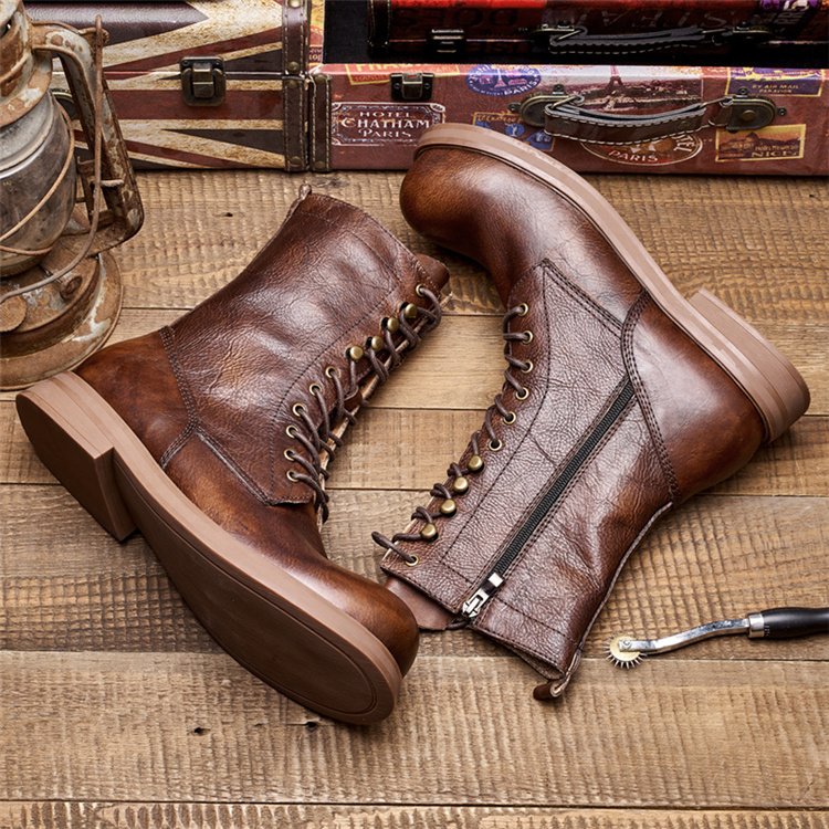 New Product Men's Fashion Design Brown Boots With Side Zip Rubber Men Leather Boots