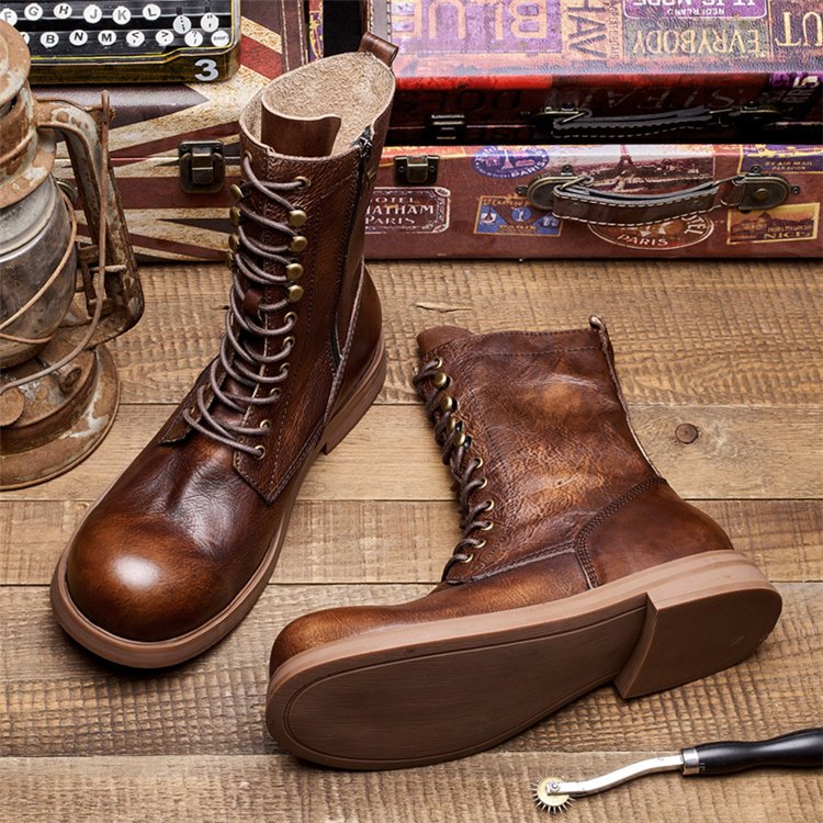New Product Men's Fashion Design Brown Boots With Side Zip Rubber Men Leather Boots