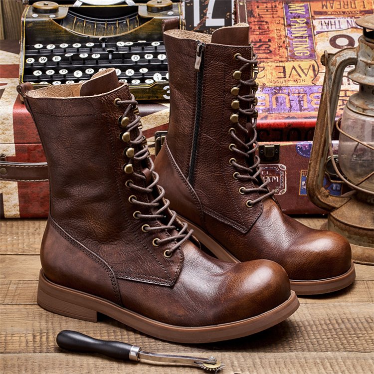 New Product Men's Fashion Design Brown Boots With Side Zip Rubber Men Leather Boots