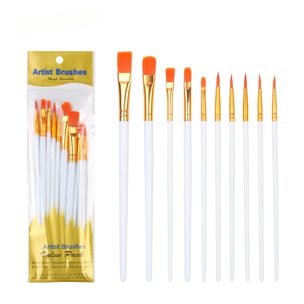 10 plastic rod nylon hair brush set, art student DIY painting gouache oil brush paint brush
