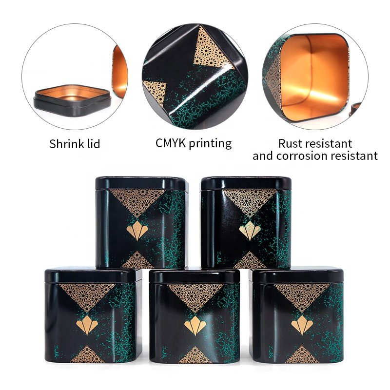 Luxury Food Grade Tea Packaging Metal Tin Can Box Square Tea Container Tin Golden Candle Candy Jar Tin Can