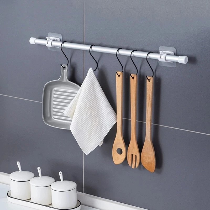 Nail-Free Adjustable Curtain Rod Holder Clamp Hooks Rod Bracket Holders Adhesive Wall Curtain Hanging Rack
