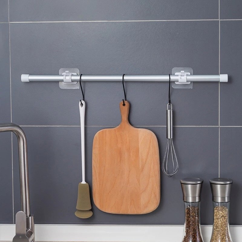 Nail-Free Adjustable Curtain Rod Holder Clamp Hooks Rod Bracket Holders Adhesive Wall Curtain Hanging Rack