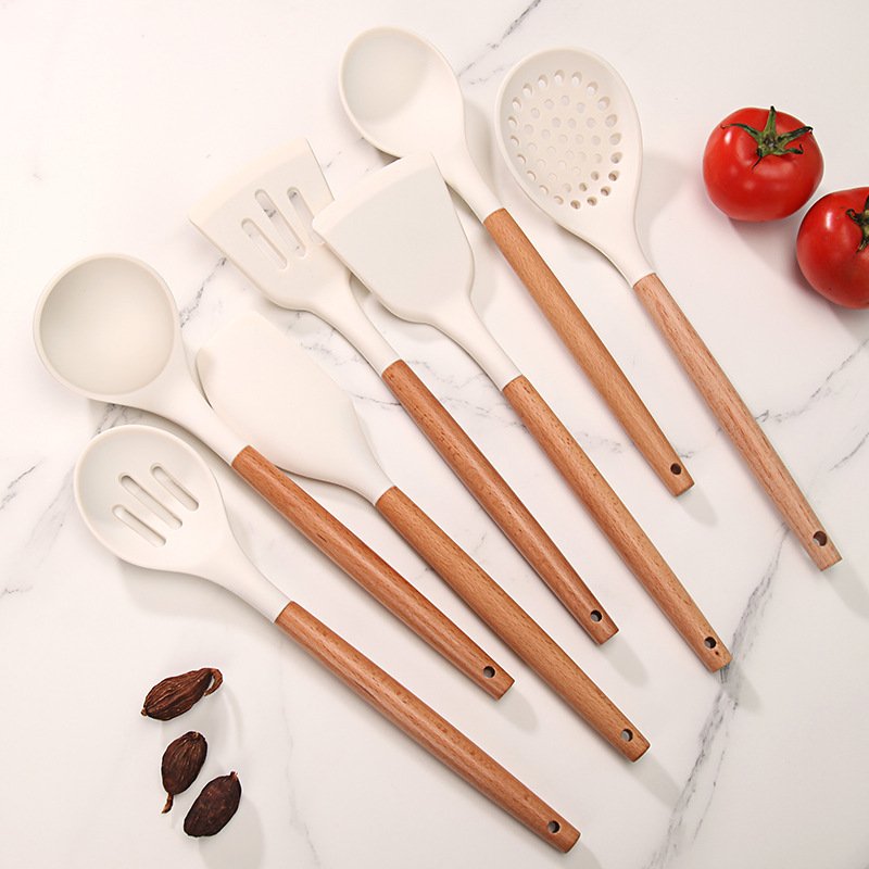 Kitchen Accessories Cooking Tools Kitchen Utensils with Wooden Handles Kitchenware Silicone Wholesale 7 Pieces in 1 Set