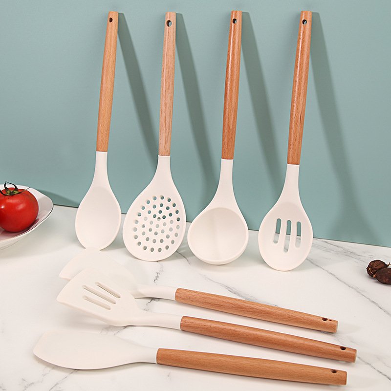 Kitchen Accessories Cooking Tools Kitchen Utensils with Wooden Handles Kitchenware Silicone Wholesale 7 Pieces in 1 Set