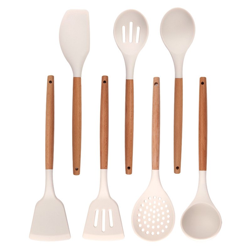 Kitchen Accessories Cooking Tools Kitchen Utensils with Wooden Handles Kitchenware Silicone Wholesale 7 Pieces in 1 Set