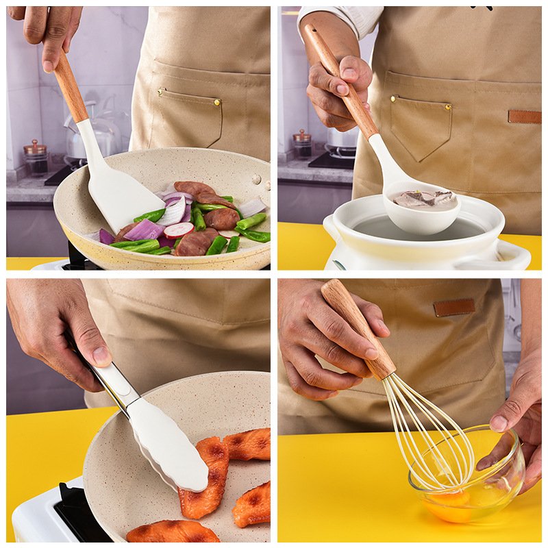 Kitchen Accessories Cooking Tools Kitchen Utensils with Wooden Handles Kitchenware Silicone Wholesale 7 Pieces in 1 Set