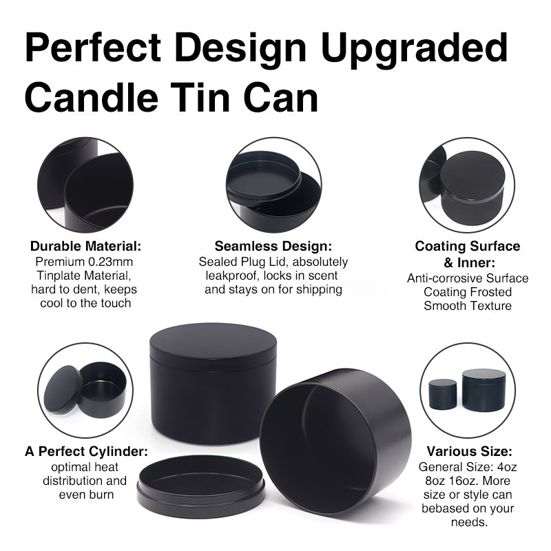 Black White Gold Metal Tin Candle Jar Luxury 8oz Black Seamless Candle Tin Can With Lid