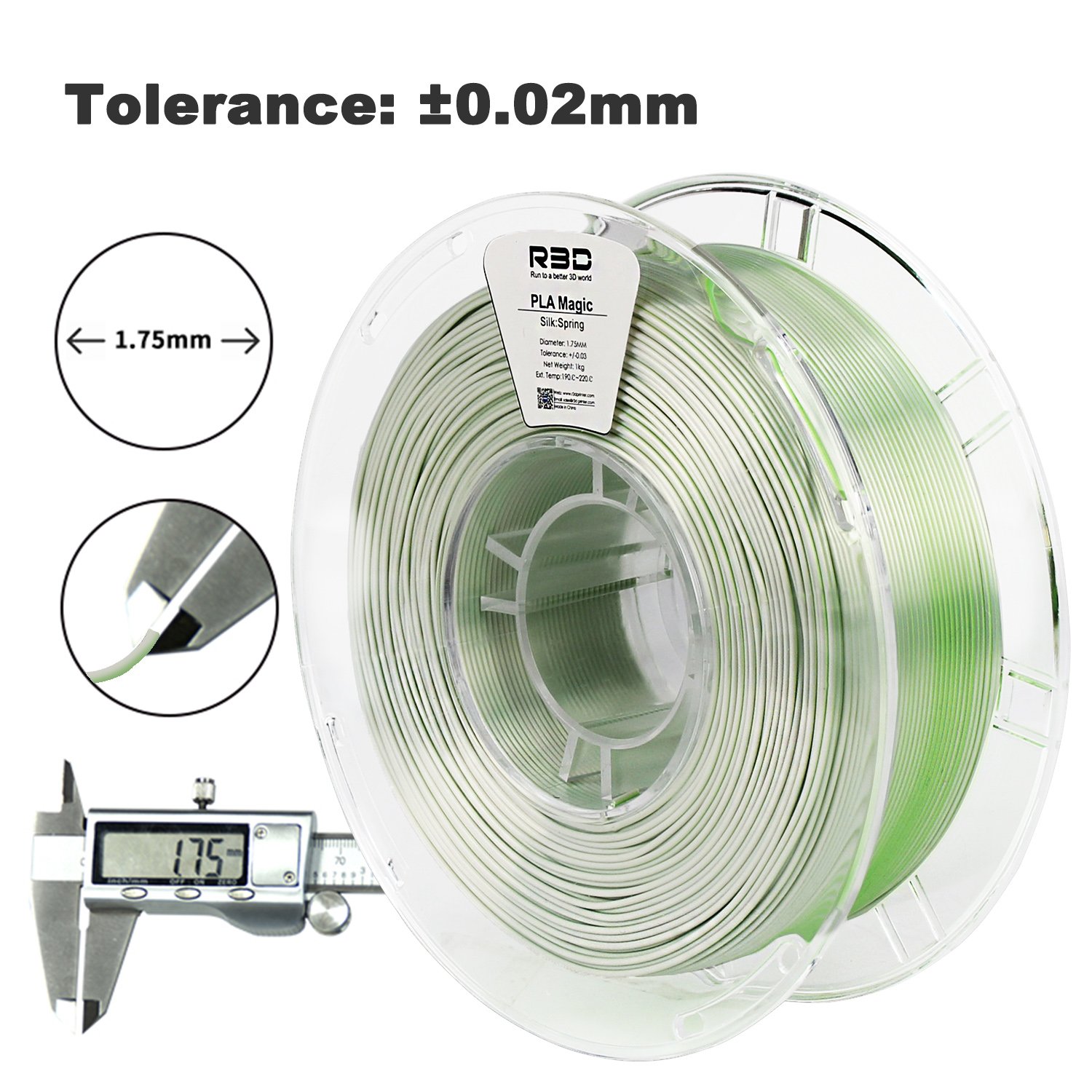 R3D Spring Green White Quantum Magic PLA Filament Silk for 3d Printer 1.75mm 1kg