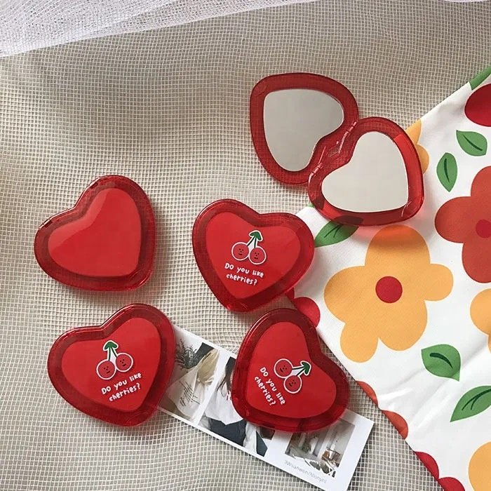 Korean Fashion Cherry Heart Mirror Pocket Mirror Sweet Girl Student Gift Cosmetic mirror