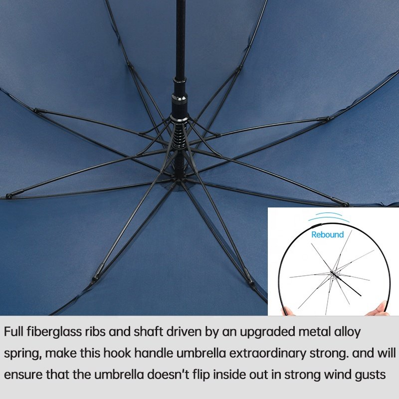 custom 27 inch high quality auto open big fiberglass ribs J hook curved handle straight rain umbrella