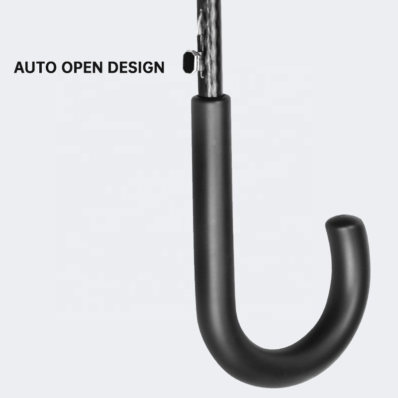 custom 27 inch high quality auto open big fiberglass ribs J hook curved handle straight rain umbrella