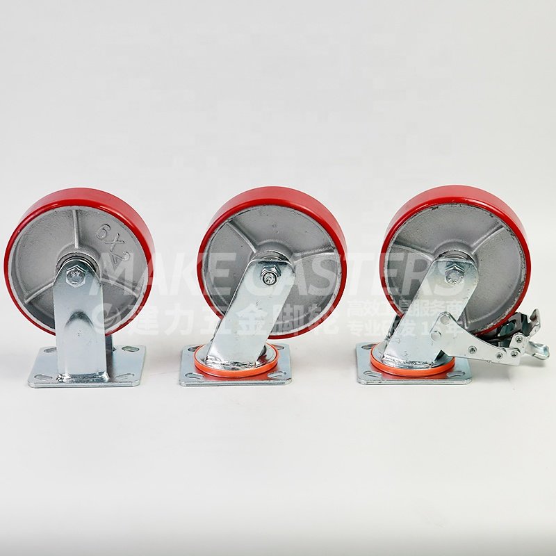 Heavy Duty Casters Wheels Iron Core PU Red Brake Castors Industrial Swivel 4"5"6"8" Inch Cast Logistics Warehouse Automotive Use